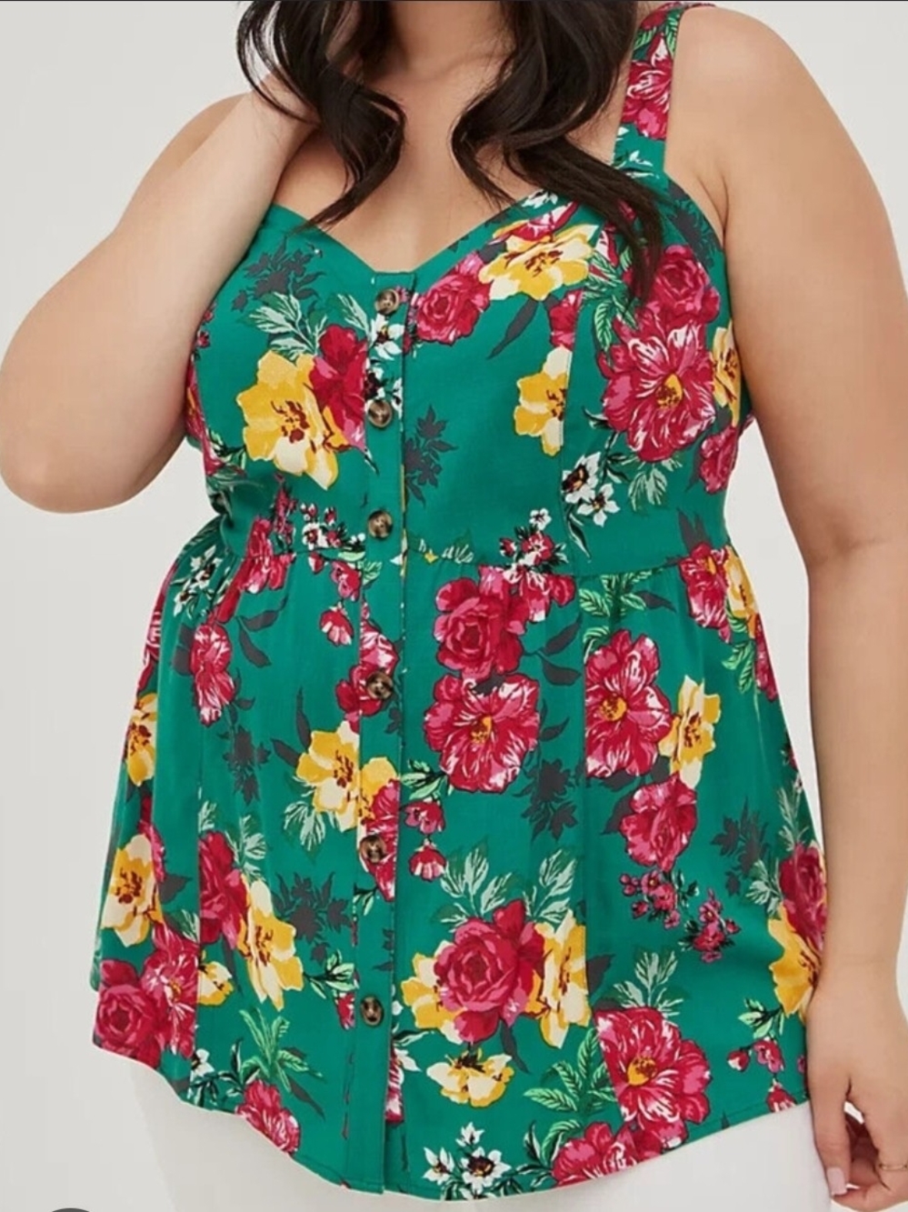 Torrid Fit Flare Rayon Slub Lace Up Back Tank Floral Green